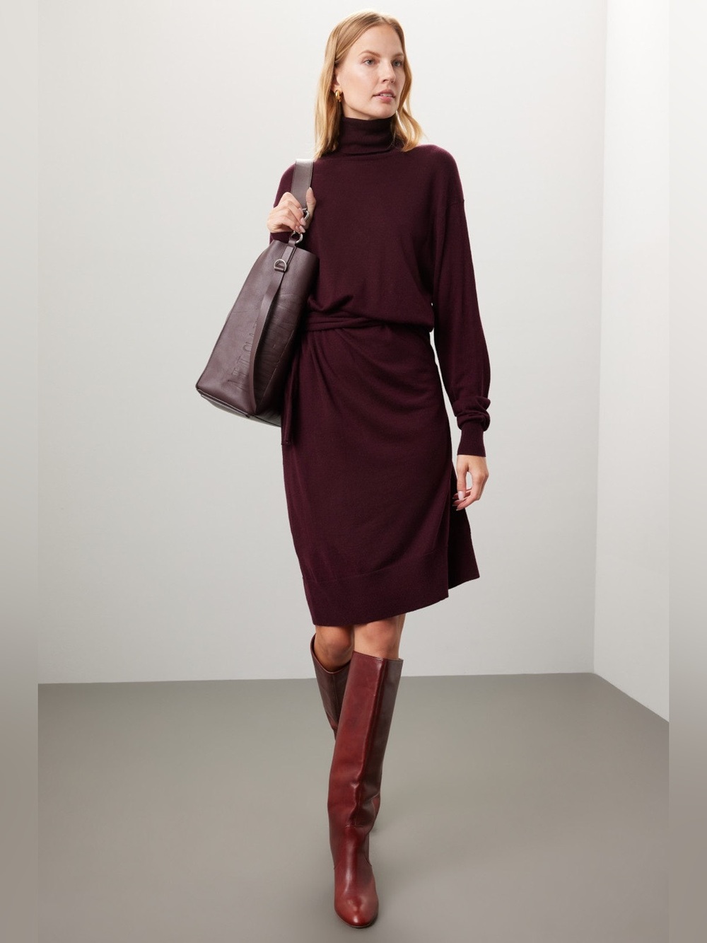 Vanessa Bruno Long-Sleeve Turtleneck Knit Dress in Burgundy